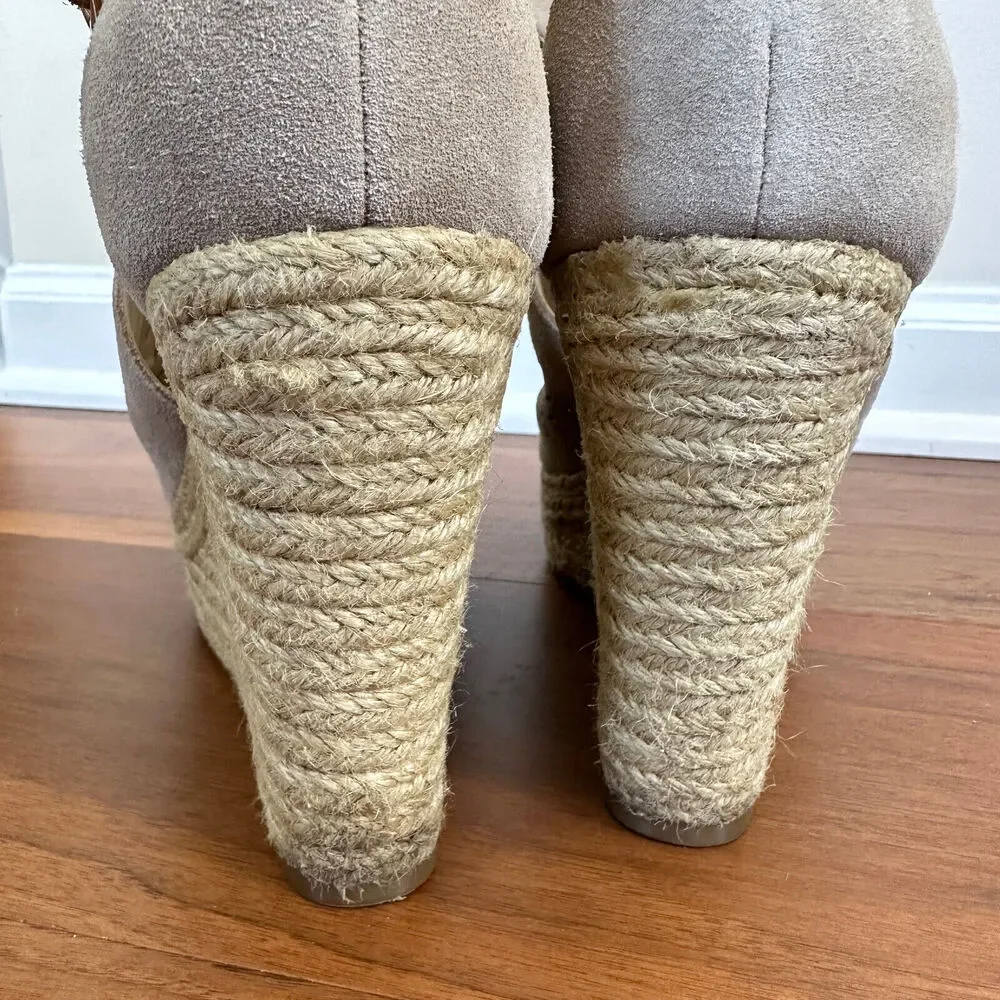 Marc Fisher HALDYA Suede Laser Wedge Platform Espadrille Sandals Size 9.5M Tan